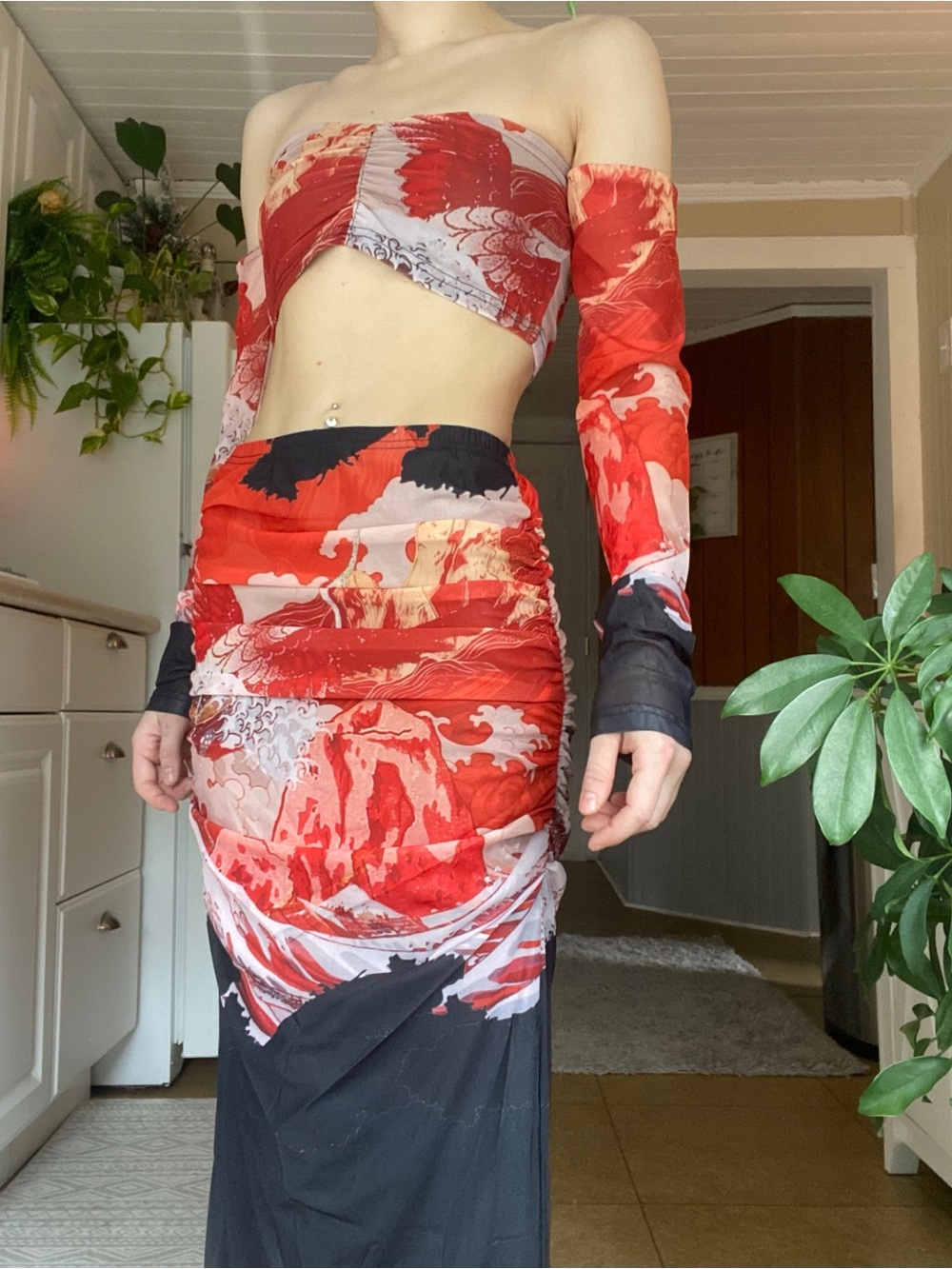 Women’s Resort Two-Piece Long Sleeve Crop Top & Skirt Set in Red and Black